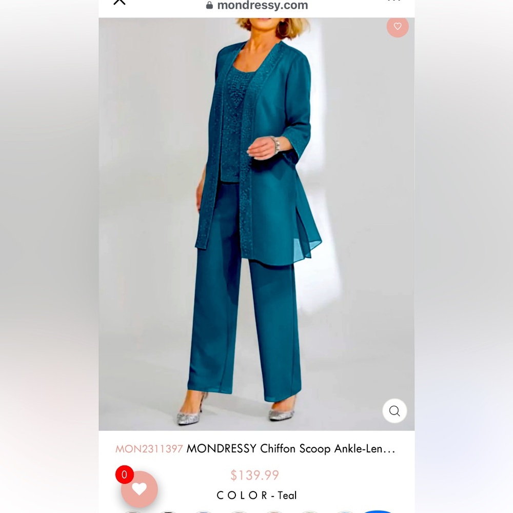 Elegant Teal Chiffon Pantsuit